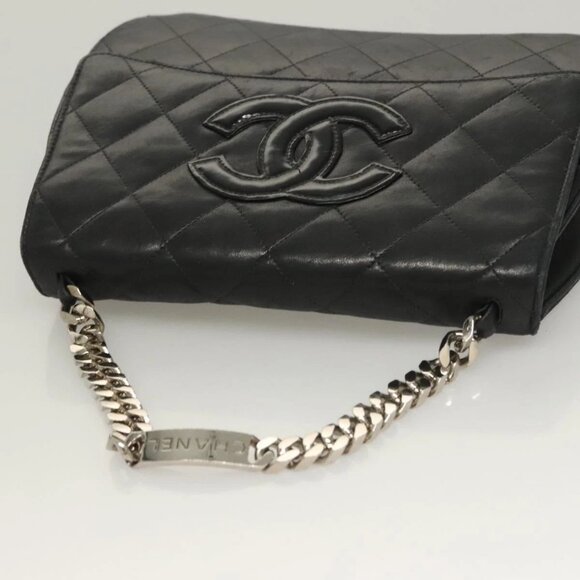 CHANEL Matelasse Chain Hand Bag Lamb Skin Black Silver CC Auth 133037 - Picture 7 of 16